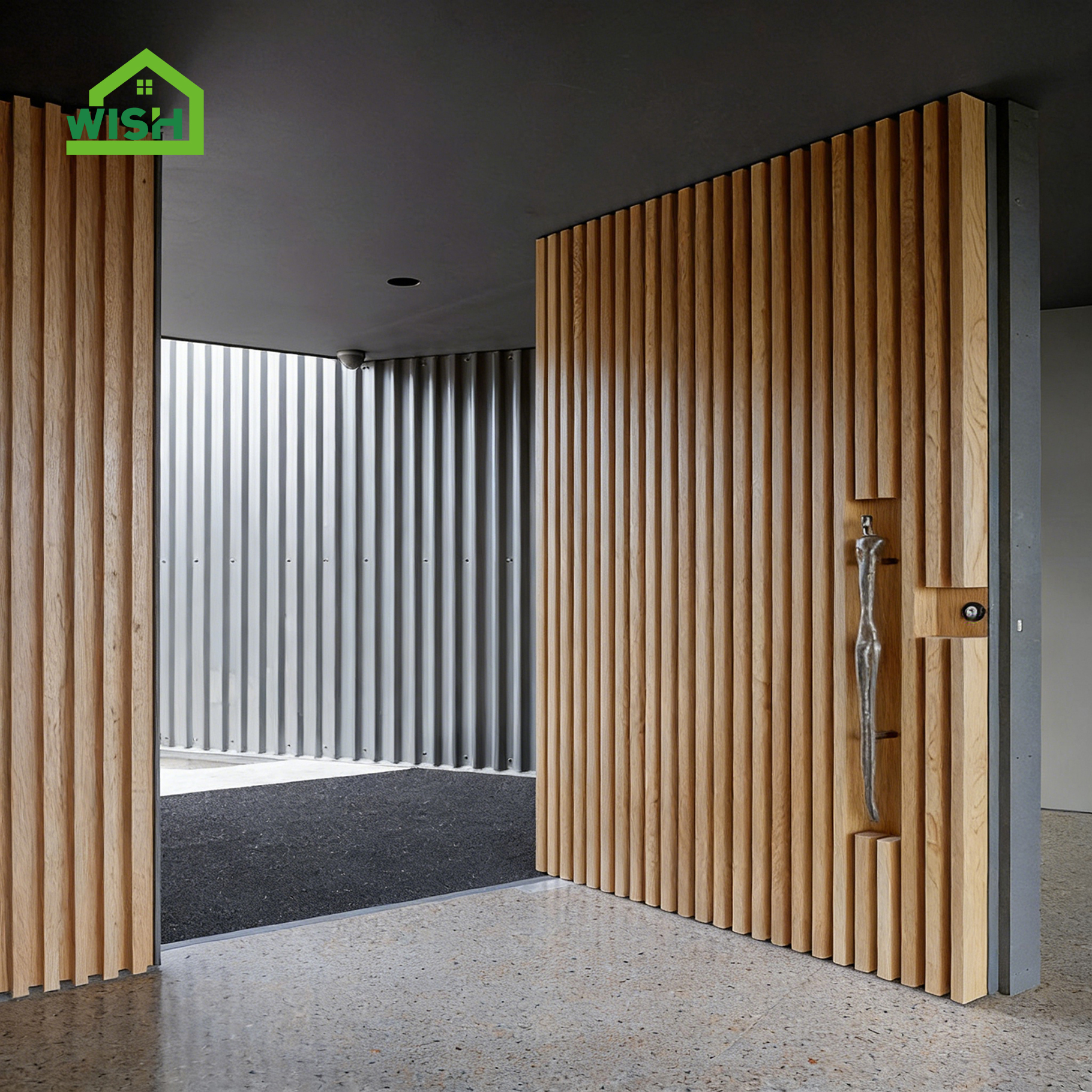 Diseño de puerta de entrada pivotante con acabado insonorizado y madera maciza para villa de lujo.