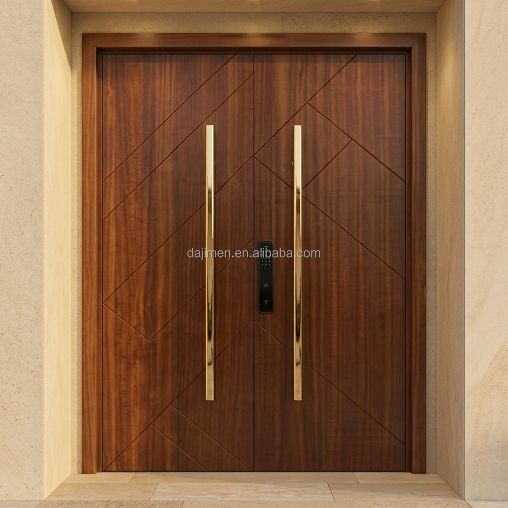 Villa residencial de lujo con entrada de gran tamaño y puerta doble de madera maciza. Puerta de entrada exterior.