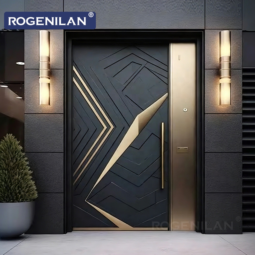 Puertas de aluminio blindadas de alta gama para la entrada principal de villas Rogenilan, con diseño personalizado de vetas talladas en 3D y cerradura inteligente.