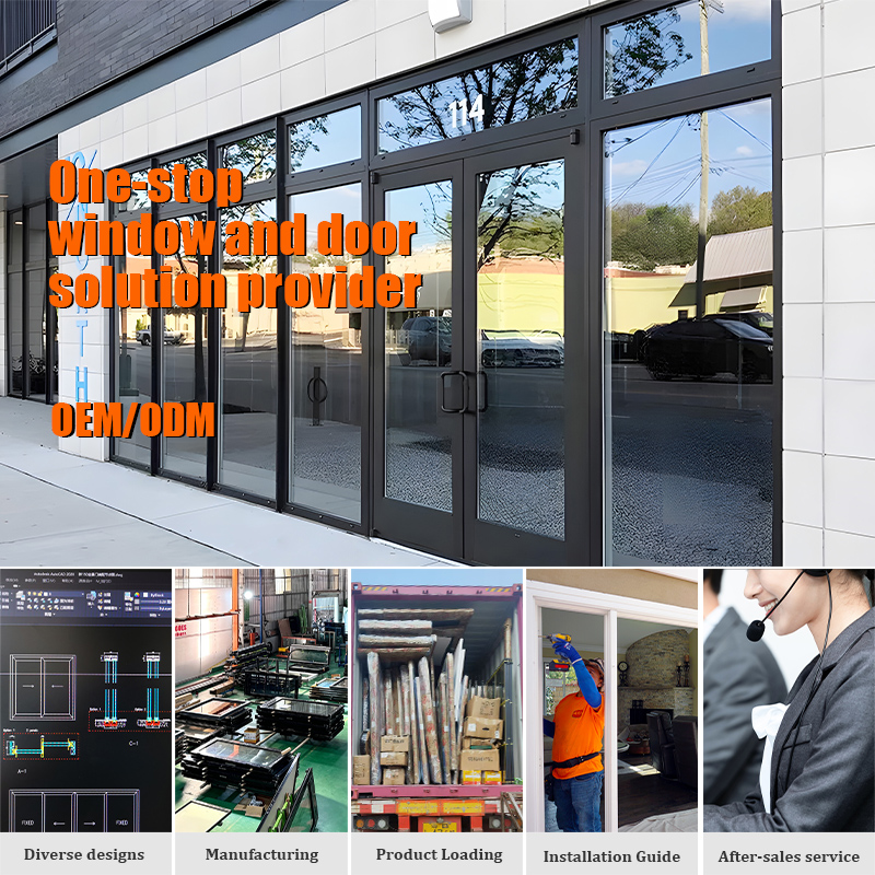 Puerta de entrada batiente de aluminio con cristal para locales comerciales modernos.
