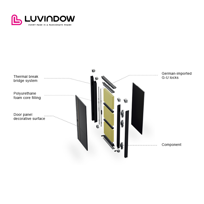 Villas de diseño moderno con puertas pivotantes de aluminio con marco de perfil negro para la entrada principal de viviendas.