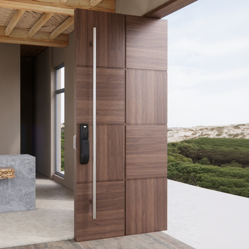 Puertas de entrada de madera con acabado especial, insonorizadas y antirrobo, especialmente diseñadas para hogares, hoteles y villas. Estilo minimalista para exteriores.