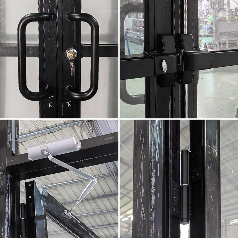 Puerta de entrada batiente de aluminio con cristal para locales comerciales modernos.