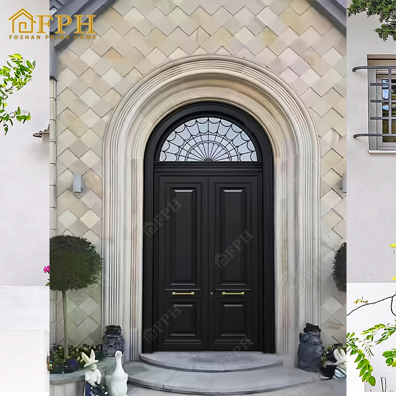 Puerta de entrada doble de aluminio estilo francés moderno DDP para EE. UU. con vidrio templado y puerta exterior arqueada para casas.