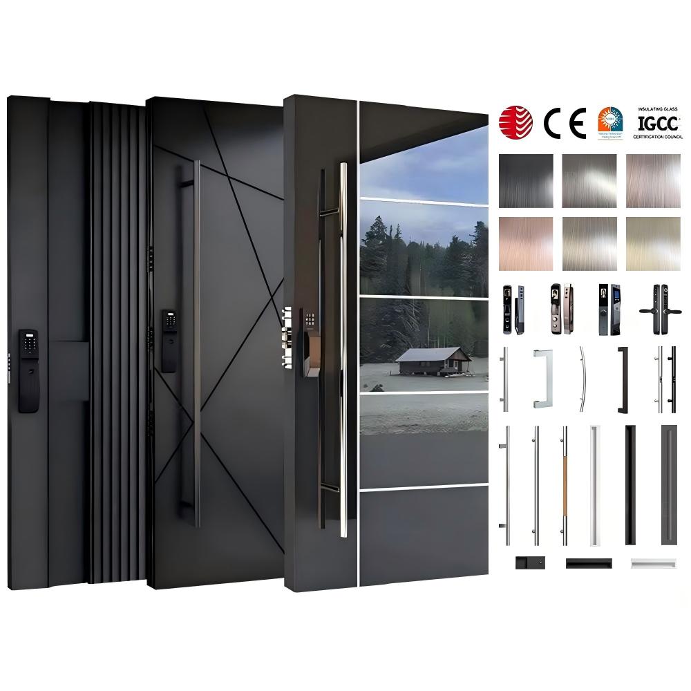 Puertas de seguridad de entrada para villas de lujo, puertas exteriores delanteras de aluminio y metal, puertas de entrada pivotantes modernas de acero inoxidable para uso residencial.