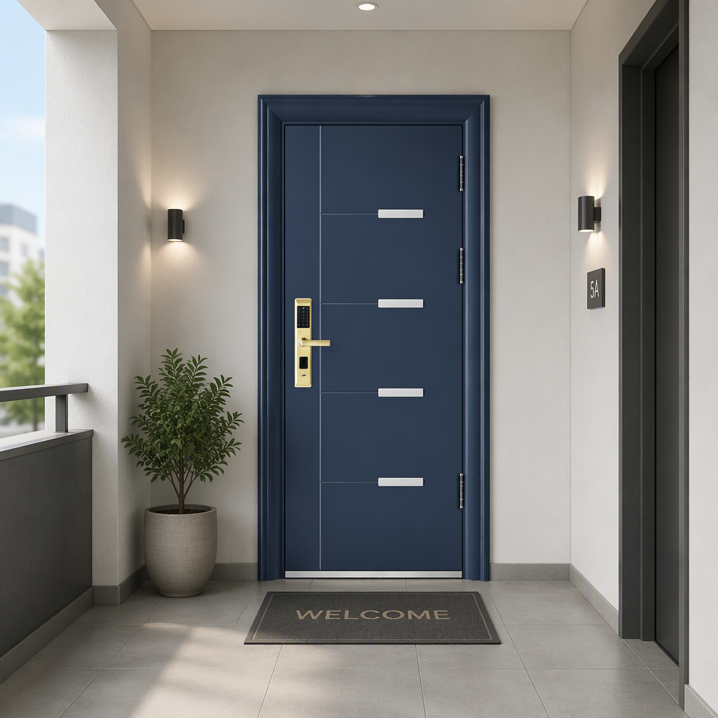 Puerta principal de seguridad antirrobo con estructura blindada de acero y madera de estilo italiano.