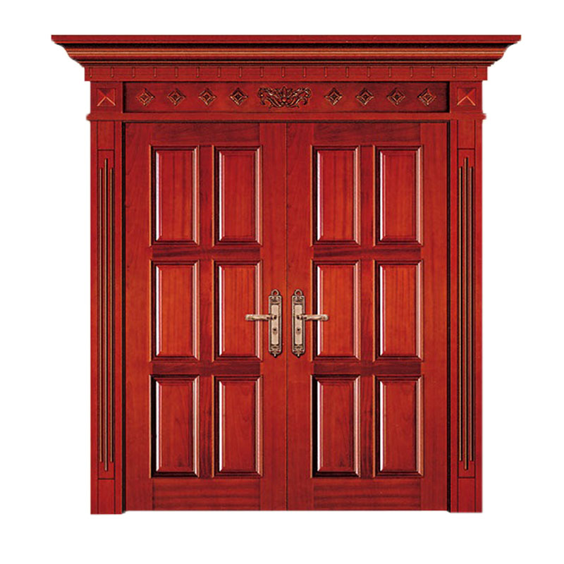 Puertas de entrada dobles de madera maciza de caoba, de estilo tradicional, con apertura manual y superficie acabada, ideales para villas.