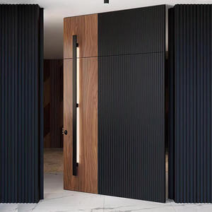 Puerta doble para villa, portón de aluminio fundido, entrada con eje central, sistema de puente roto, vidrio dividido con vetas de madera, puerta pivotante de eje excéntrico