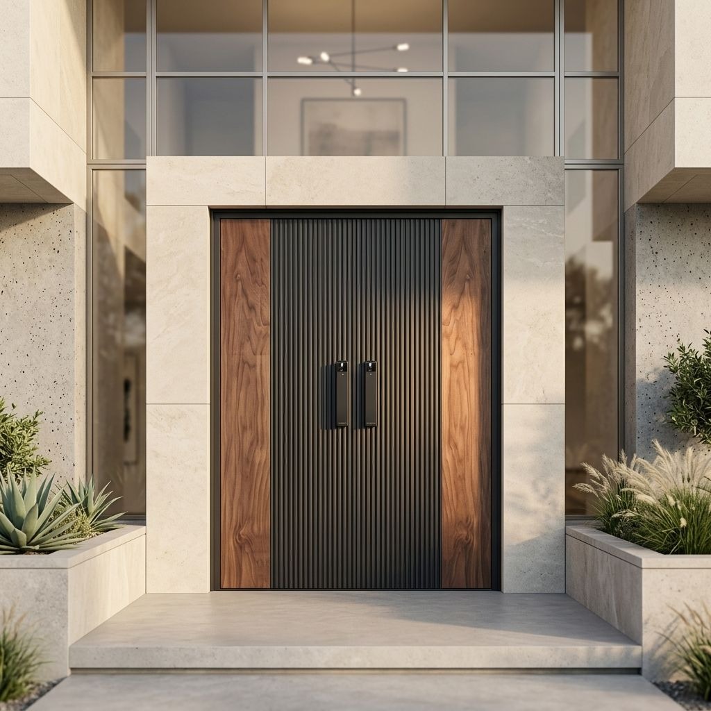Puerta pivotante minimalista de aluminio con acabado imitación madera