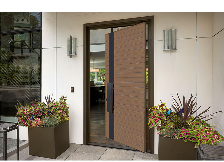 Puerta pivotante de seguridad en madera con inserción de cristal