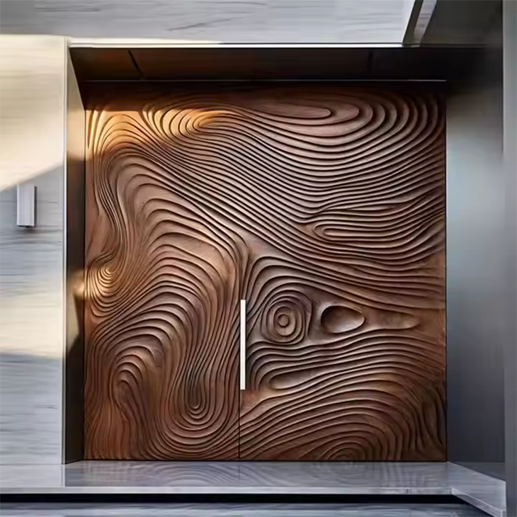 Puerta de entrada pivotante residencial de alta gama con diseño personalizado, tallado 3D moderno, madera maciza y aluminio.