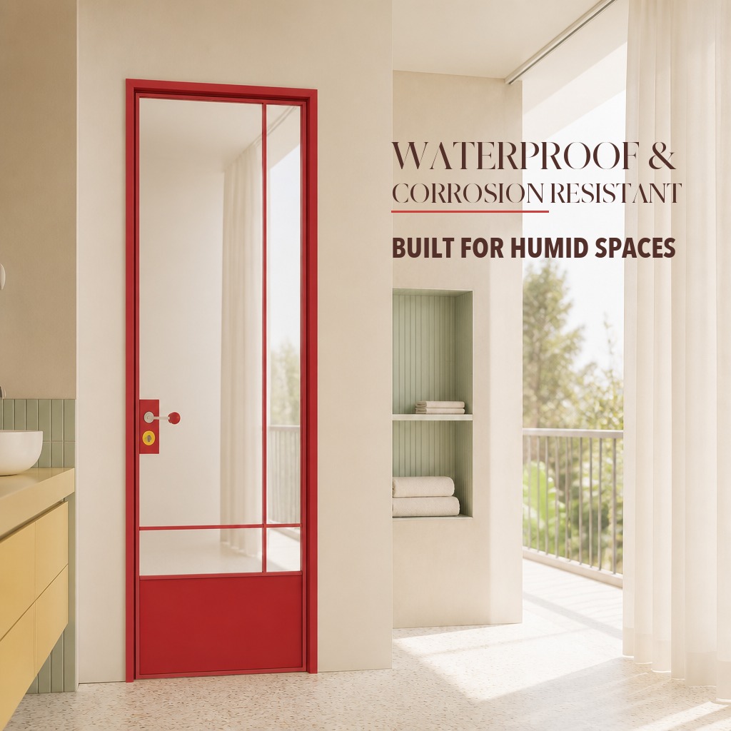 Puerta abatible de aleación de aluminio, resistente a la humedad y a la corrosión, con acabado de vidrio, para tabiques interiores, ideal para baños, cocinas y hospitales.