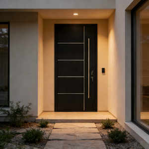 Puerta de entrada pivotante de aluminio de lujo Grandsea, estilo australiano, con manija larga, ideal para casas y villas modernas.