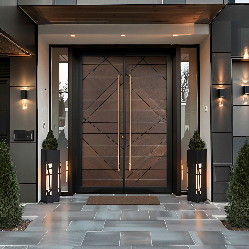 Puertas de entrada frontales modernas de acero y aluminio con cerradura doble impermeable y cilindro, ideales para proyectos de apartamentos.