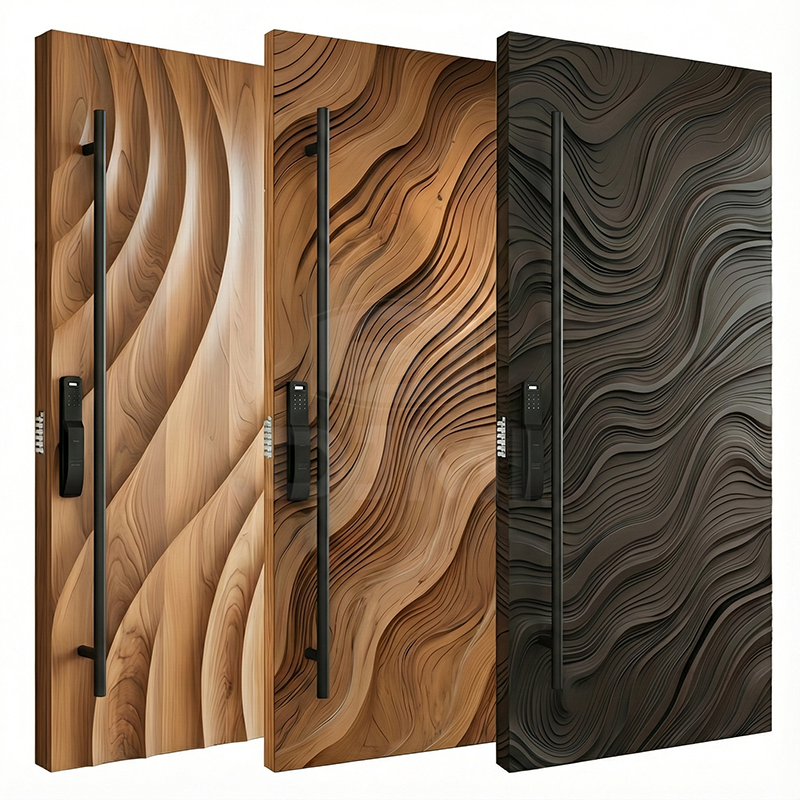 Lujosa puerta de entrada principal de madera maciza de diseño irregular y fluido para viviendas residenciales modernas.