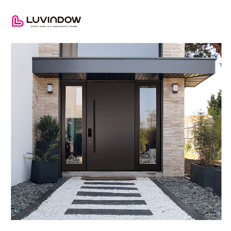 Puerta de entrada frontal pivotante moderna de aluminio de gran tamaño para exteriores, con diseño impermeable y resorte, apta para uso exterior.