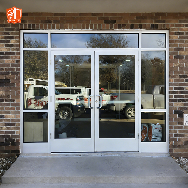 Puertas de entrada de oficina personalizadas, puertas de fachada de tienda con marco de aluminio resistente al viento, puertas de cristal para negocios.