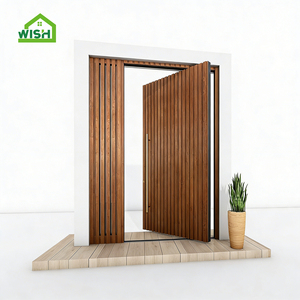 Diseño de puerta de entrada pivotante con acabado insonorizado y madera maciza para villa de lujo.