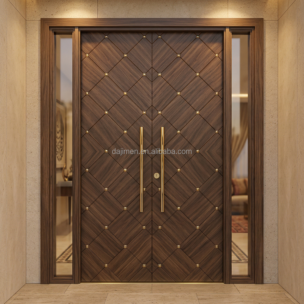 Villa residencial de lujo con entrada de gran tamaño y puerta doble de madera maciza. Puerta de entrada exterior.