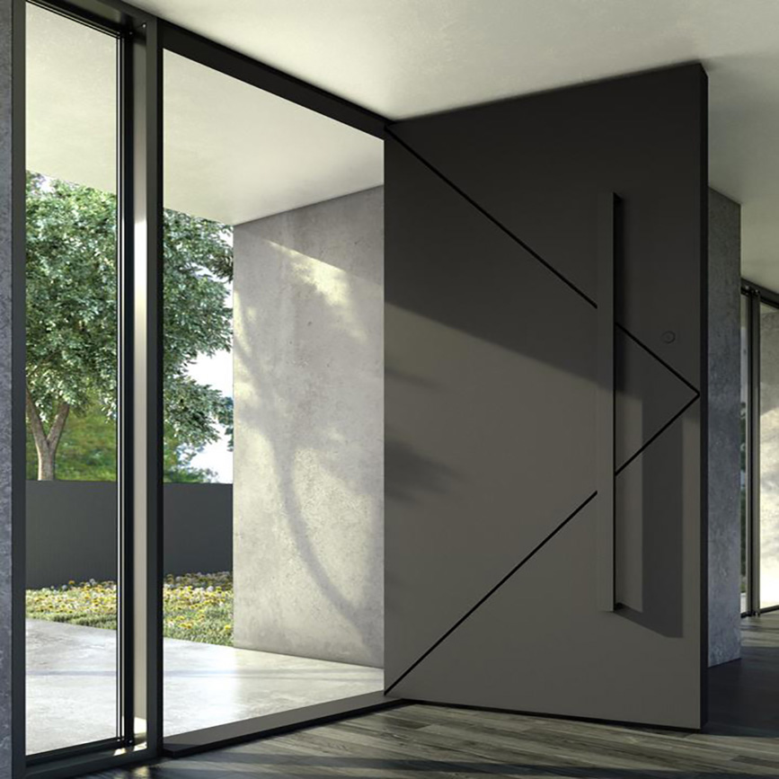 Puertas pivotantes de entrada exterior de gran tamaño, modernas, de madera maciza negra y aluminio.