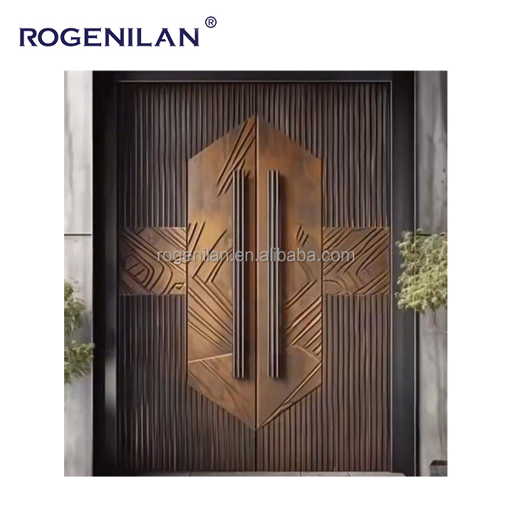 Puertas de aluminio blindadas de alta gama para la entrada principal de villas Rogenilan, con diseño personalizado de vetas talladas en 3D y cerradura inteligente.