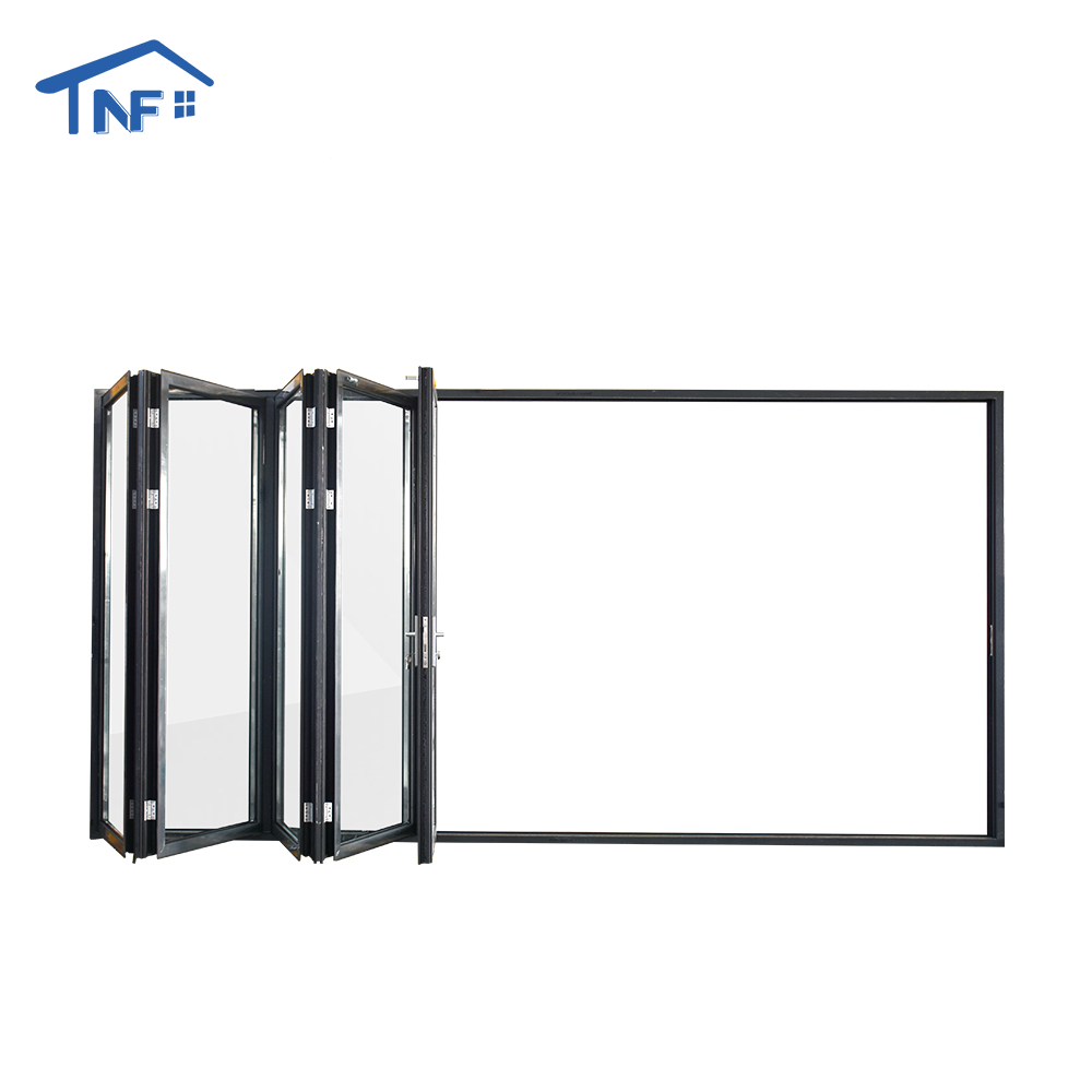 Puertas exteriores plegables de doble panel de vidrio sin marco, de aleación de aluminio, para hoteles modernos, con aislamiento térmico y certificación CE.