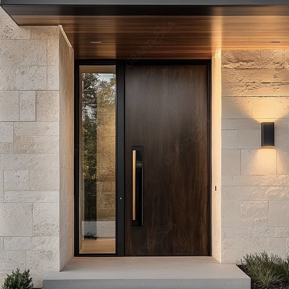 Puerta de entrada pivotante moderna de una sola hoja con cerradura inteligente integrada y manija larga oculta. Puertas de entrada personalizadas para villas.