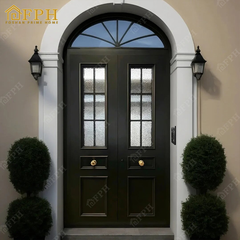 Puerta de entrada doble de aluminio estilo francés moderno DDP para EE. UU. con vidrio templado y puerta exterior arqueada para casas.
