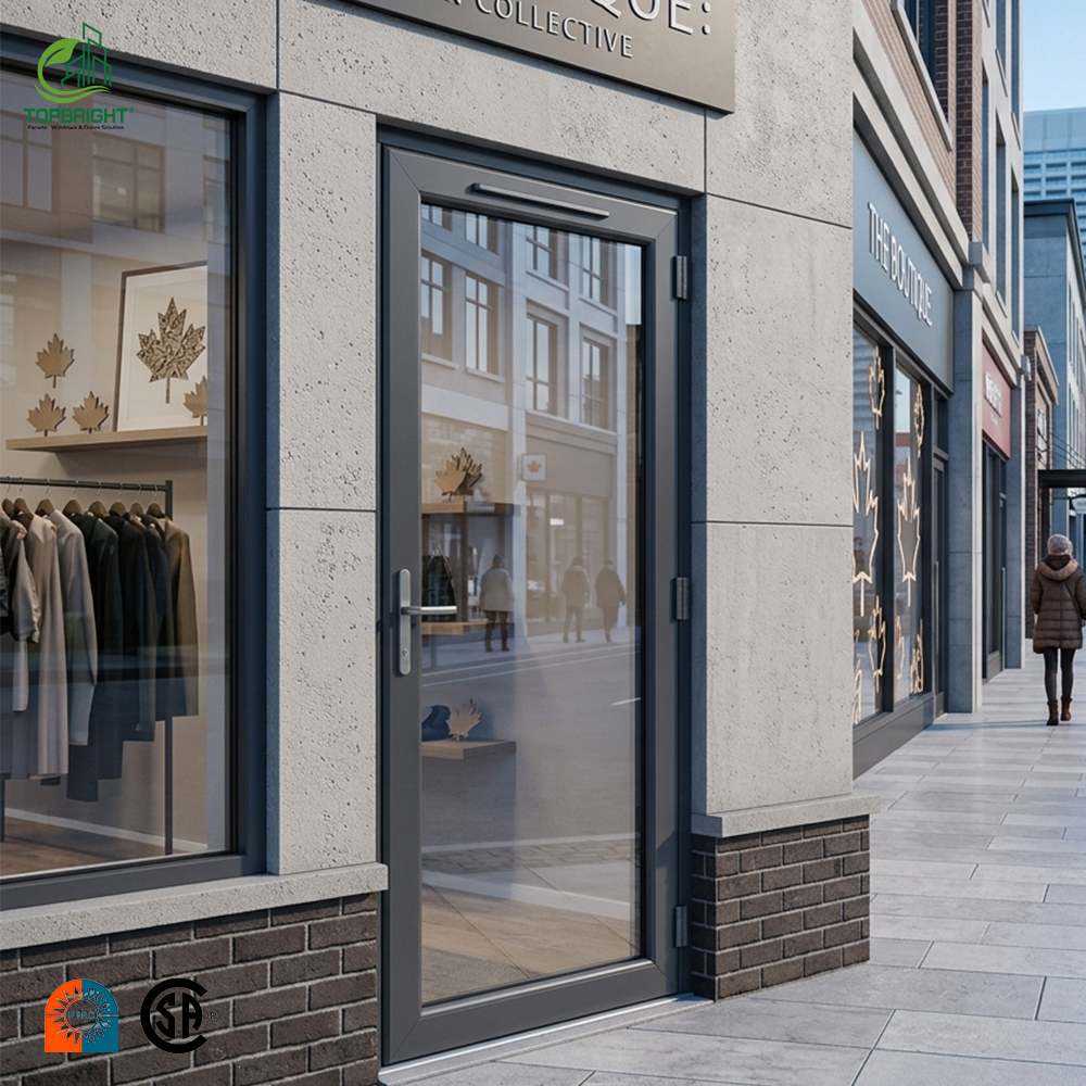Puerta de entrada comercial Topbright moderna con marco de aluminio y doble acristalamiento para oficinas y tiendas.