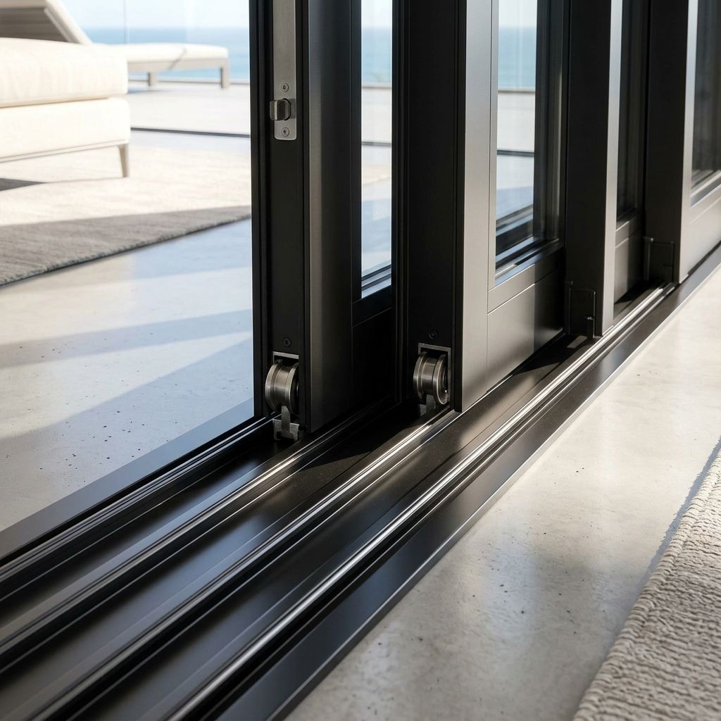 Puerta corredera de aluminio de cuatro paneles con triple acristalamiento y cuatro rieles, con aislamiento térmico y clasificación energética, a prueba de corrientes de aire.