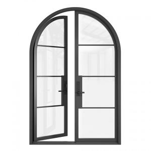 Puerta de hierro forjado con parte superior redondeada, puertas de entrada arqueadas, puertas exteriores dobles de hierro con vidrio, diseño moderno a medida.