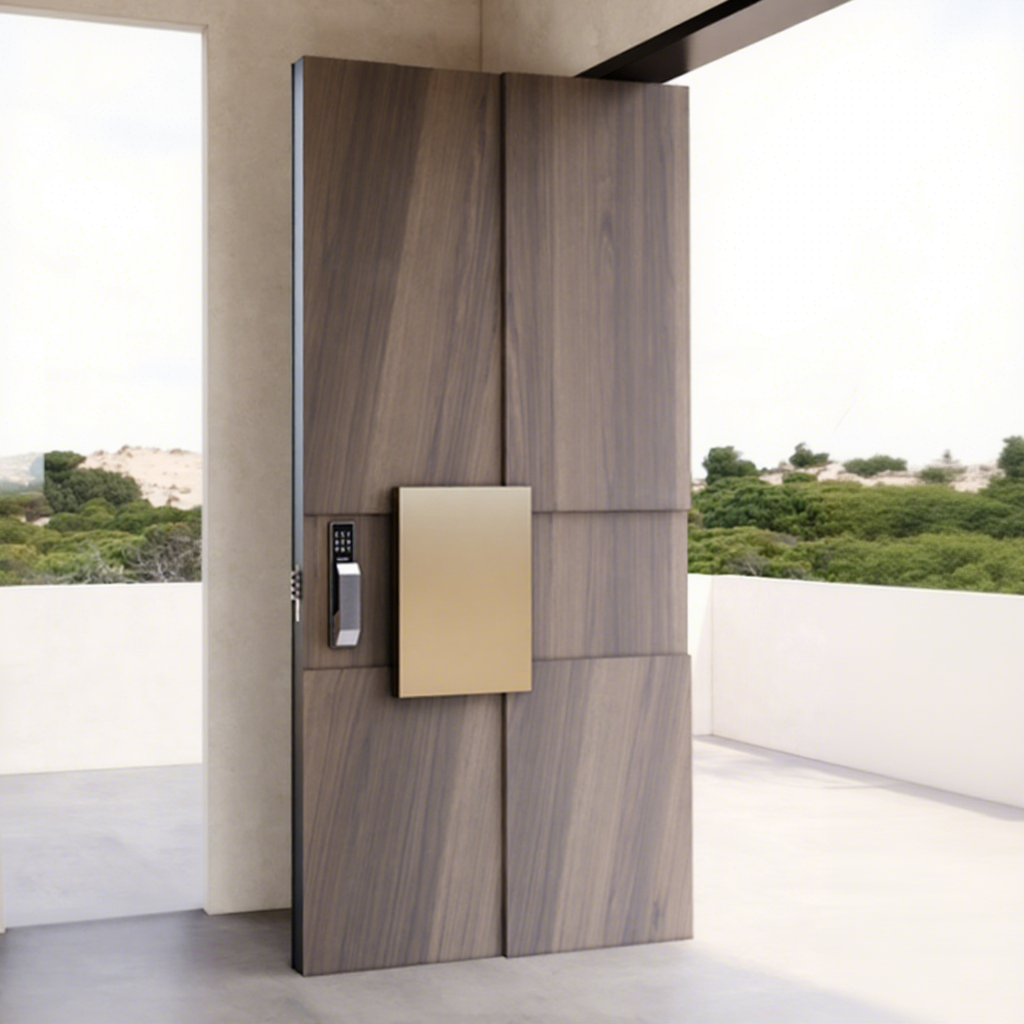 Puertas de entrada de madera con acabado especial, insonorizadas y antirrobo, especialmente diseñadas para hogares, hoteles y villas. Estilo minimalista para exteriores.