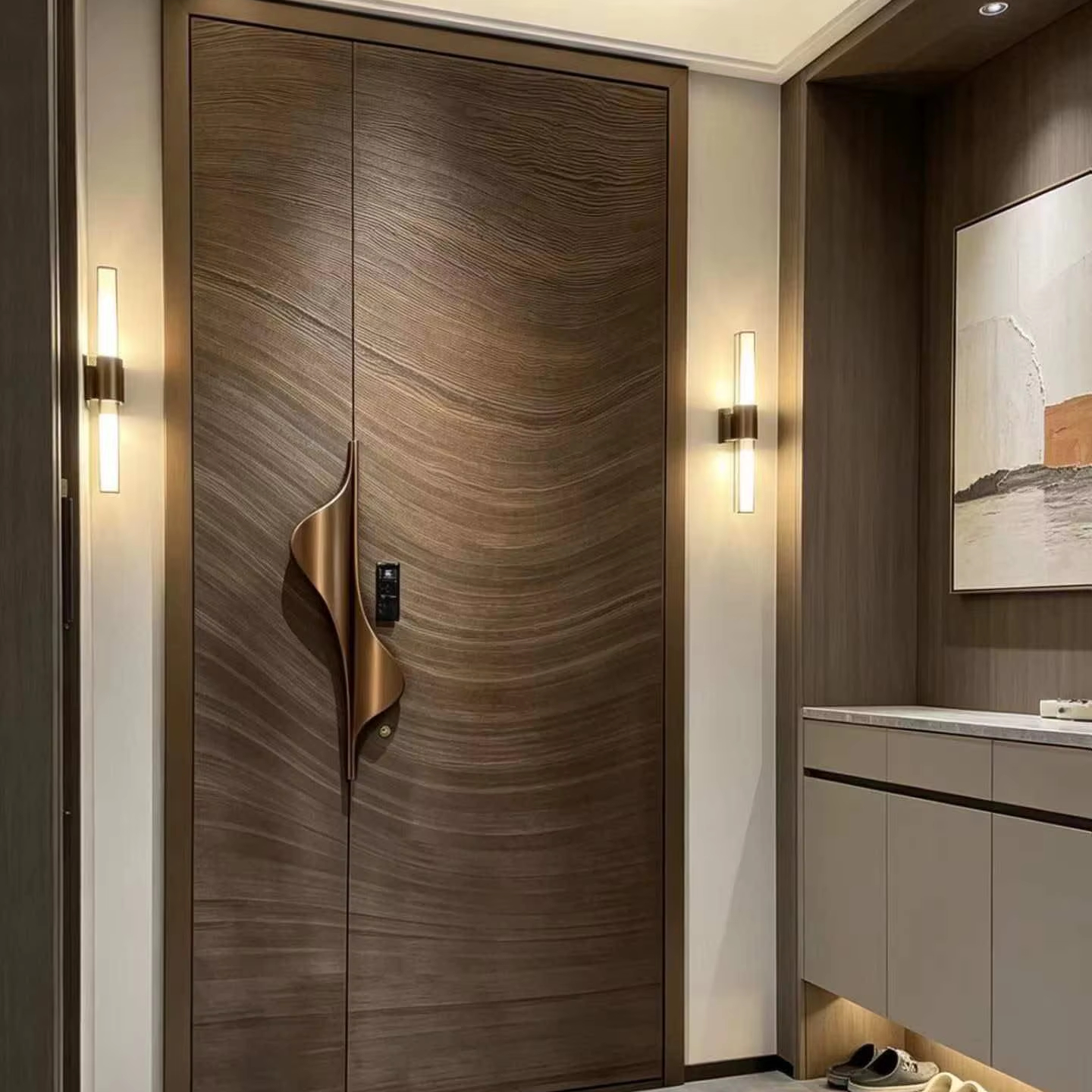 Puerta de entrada moderna de aluminio con gran panel de vidrio, ideal para villas junto al mar. ¡Gran oferta!