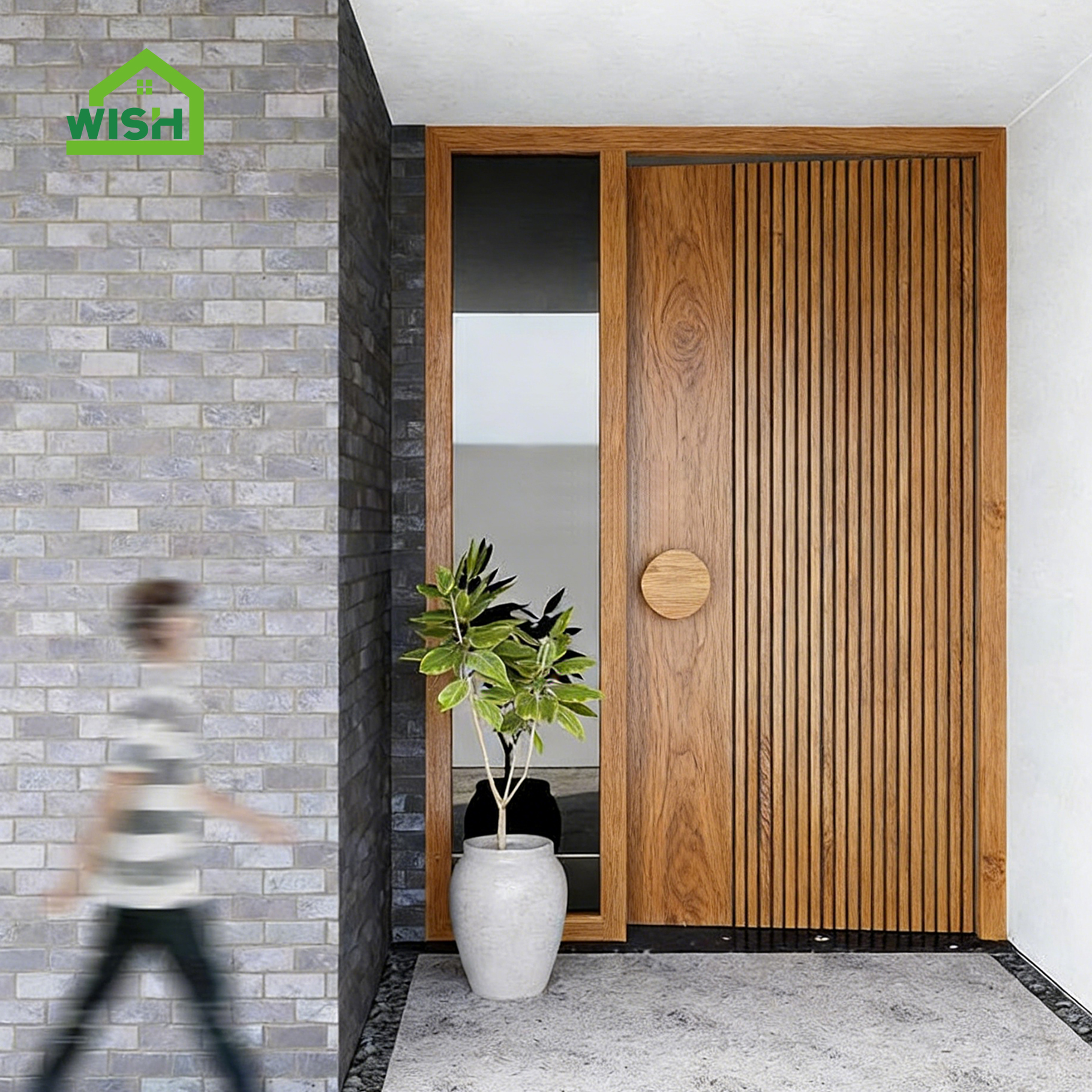 Diseño de puerta de entrada pivotante con acabado insonorizado y madera maciza para villa de lujo.