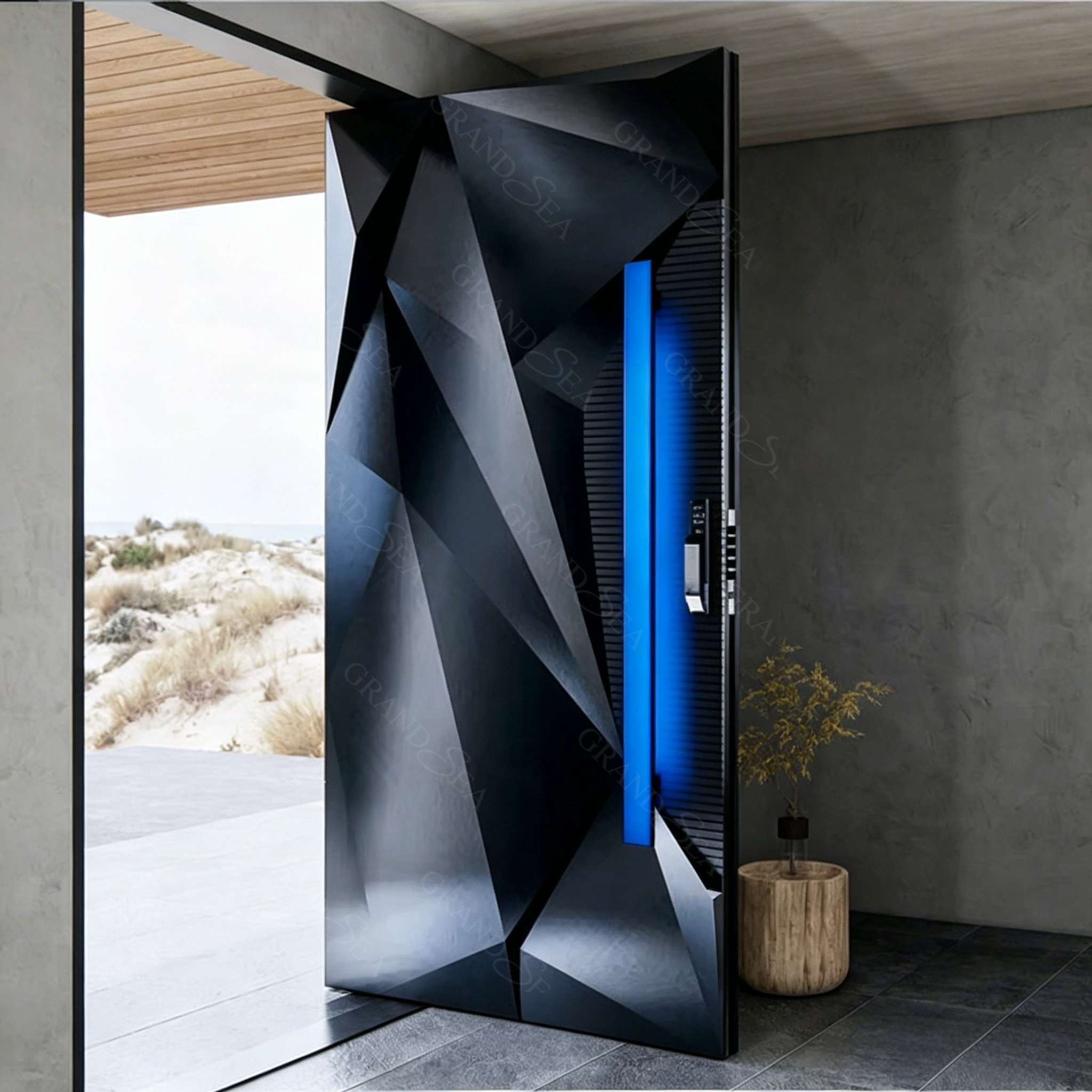 Puerta de entrada pivotante moderna de lujo, color gris oscuro, con relieve geométrico 3D, incrustaciones de metal dorado y tira de LED integrada.