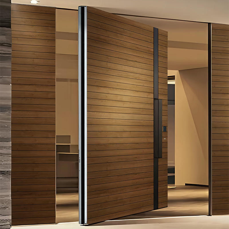 Puerta doble para villa, portón de aluminio fundido, entrada con eje central, sistema de puente roto, vidrio dividido con vetas de madera, puerta pivotante de eje excéntrico