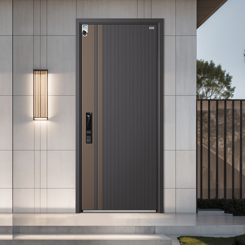 Puertas exteriores de seguridad antirrobo de doble hoja, modernas y de lujo, fabricadas en aluminio y acero, con cerradura inteligente para apartamentos y villas.