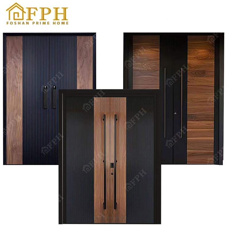 Puertas de seguridad exteriores principales modernas de lujo, resistentes a huracanes, con cerradura inteligente y manija larga para villas.