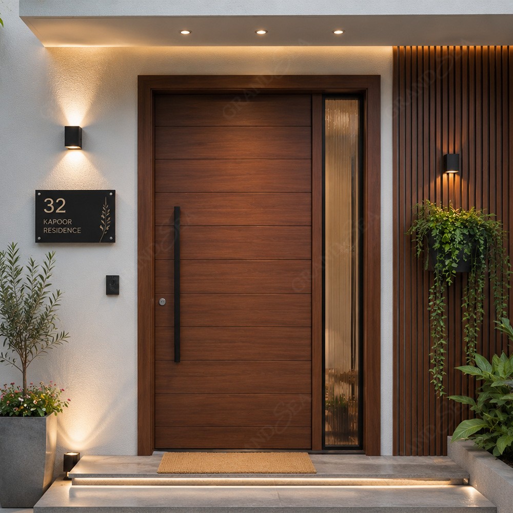 Puerta de entrada pivotante moderna de una sola hoja con cerradura inteligente integrada y manija larga oculta. Puertas de entrada personalizadas para villas.