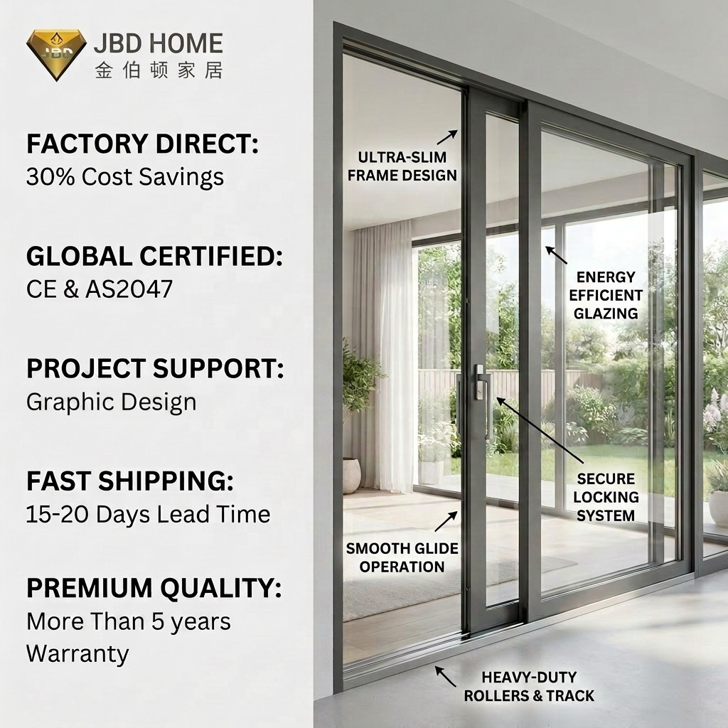 Puerta corredera de cristal de aleación de aluminio con rotura de puente térmico, doble acristalamiento, sistema de entrada insonorizado para viviendas modernas.
