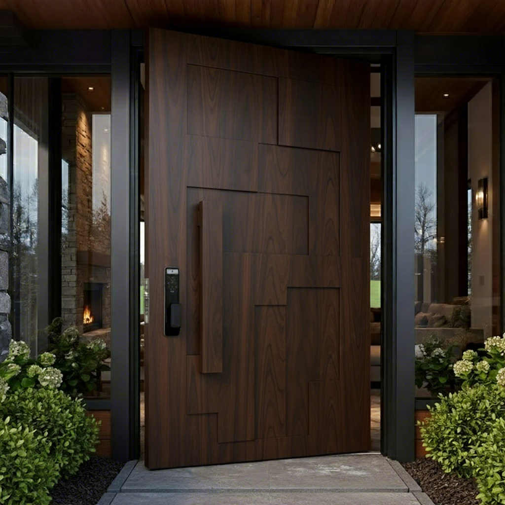 Puerta de entrada principal de madera maciza de nogal negro para casa o villa, puerta de entrada exterior de madera insonorizada y segura con marco.