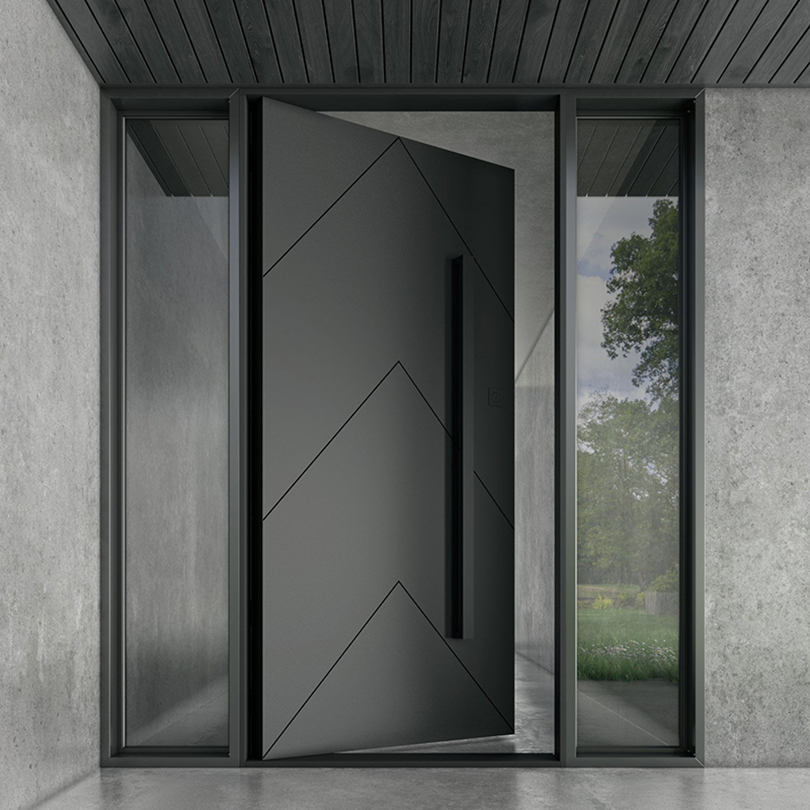 Puertas pivotantes de entrada exterior de gran tamaño, modernas, de madera maciza negra y aluminio.