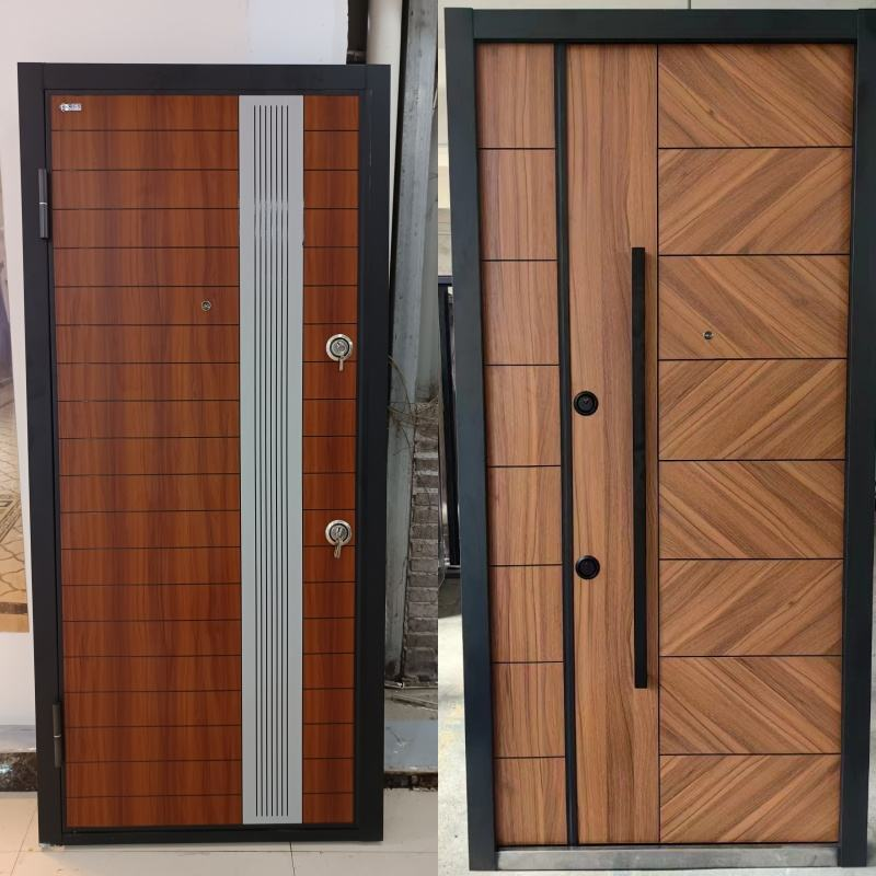 Puerta de entrada de seguridad moderna de acero con cerradura inteligente; resistente a robos; adecuada para apartamentos y villas.
