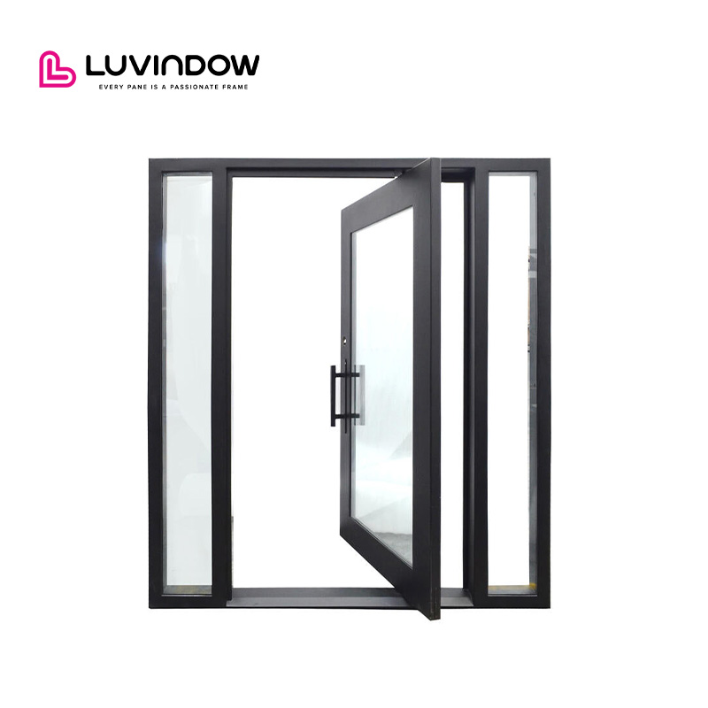 Puerta de entrada principal de estilo moderno, de aluminio con doble acristalamiento y aislamiento térmico, pivotante.