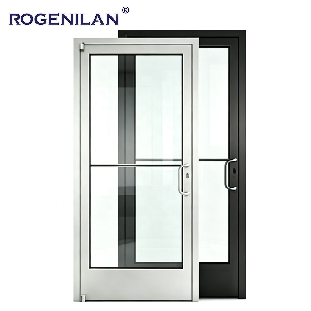 Puerta de entrada comercial de seguridad de aluminio a medida Rogenilan, con vidrio templado exterior y doble hoja batiente.
