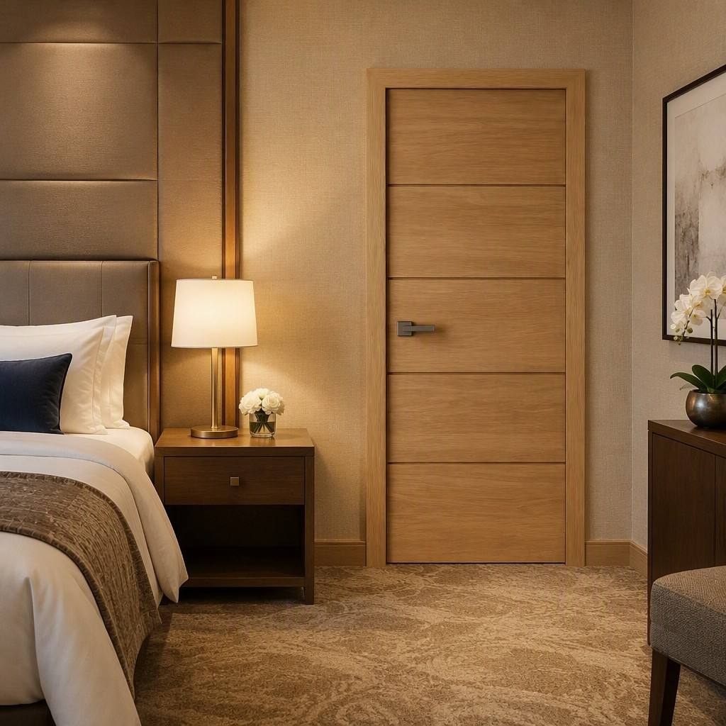 Puerta moderna de madera resistente al fuego para habitaciones de hospital, con certificación WH de 20 a 60 minutos, ideal para hoteles, resorts, apartamentos, oficinas, escuelas y residencias estudiantiles.