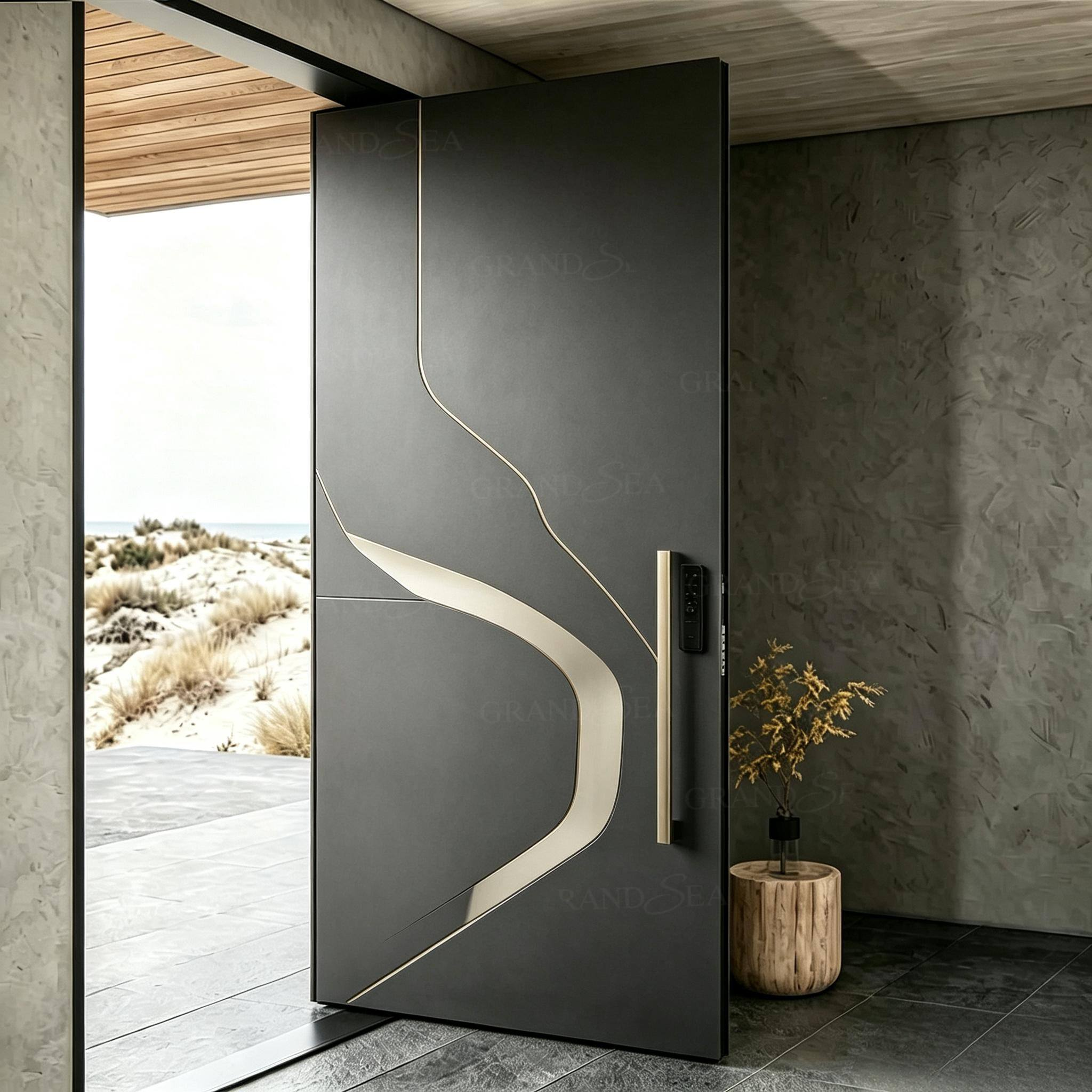 Puerta de entrada pivotante moderna de lujo, color gris oscuro, con relieve geométrico 3D, incrustaciones de metal dorado y tira de LED integrada.