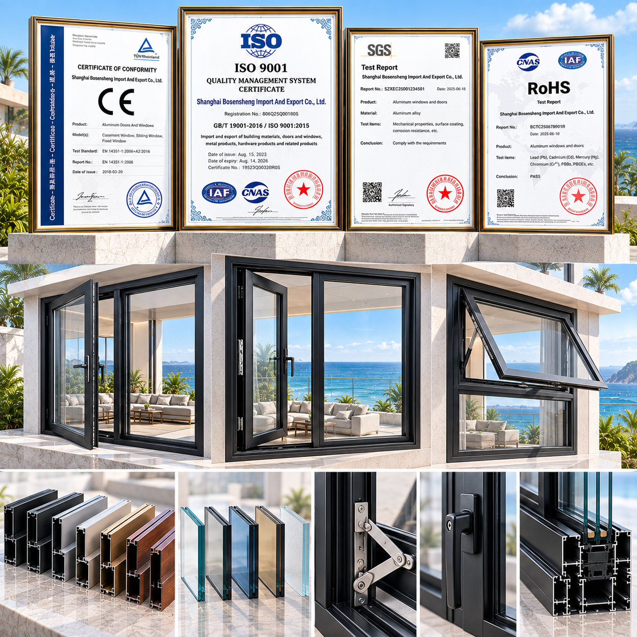 Puertas correderas de aluminio a medida para terrazas de hoteles, balcones de villas, apartamentos y espacios exteriores modernos.