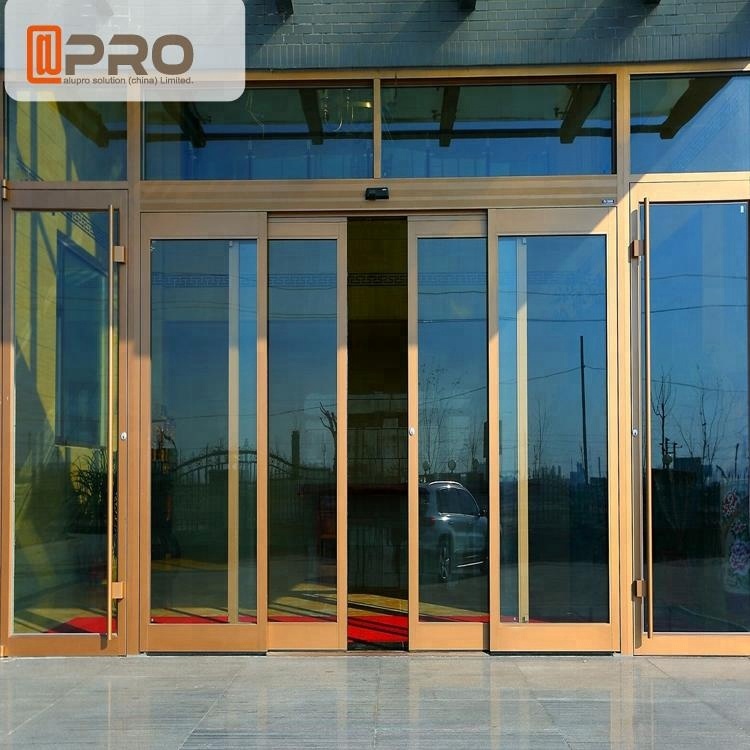Puerta de apartamento y puerta principal exterior de aluminio para hotel con diseño para puertas de entrada, puertas corredizas automáticas de vidrio sin marco.