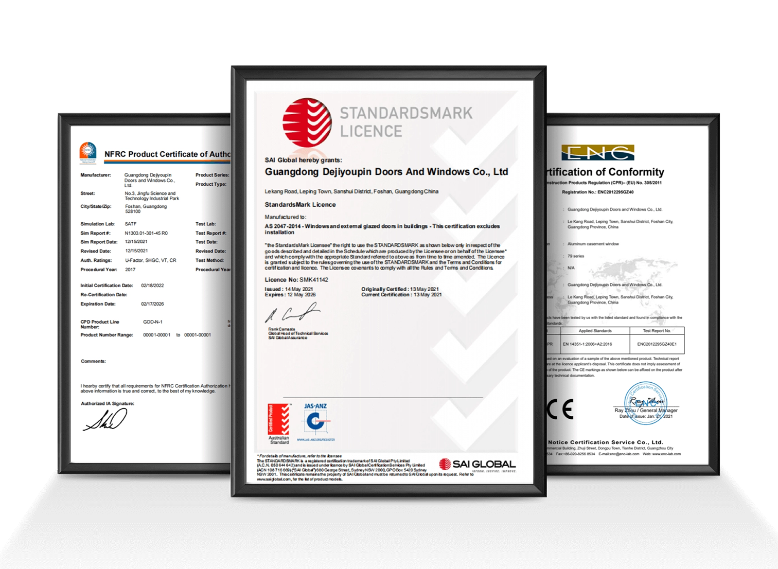 Certificaciones oficiales CE, ISO, AS2047 y UL de Derchi